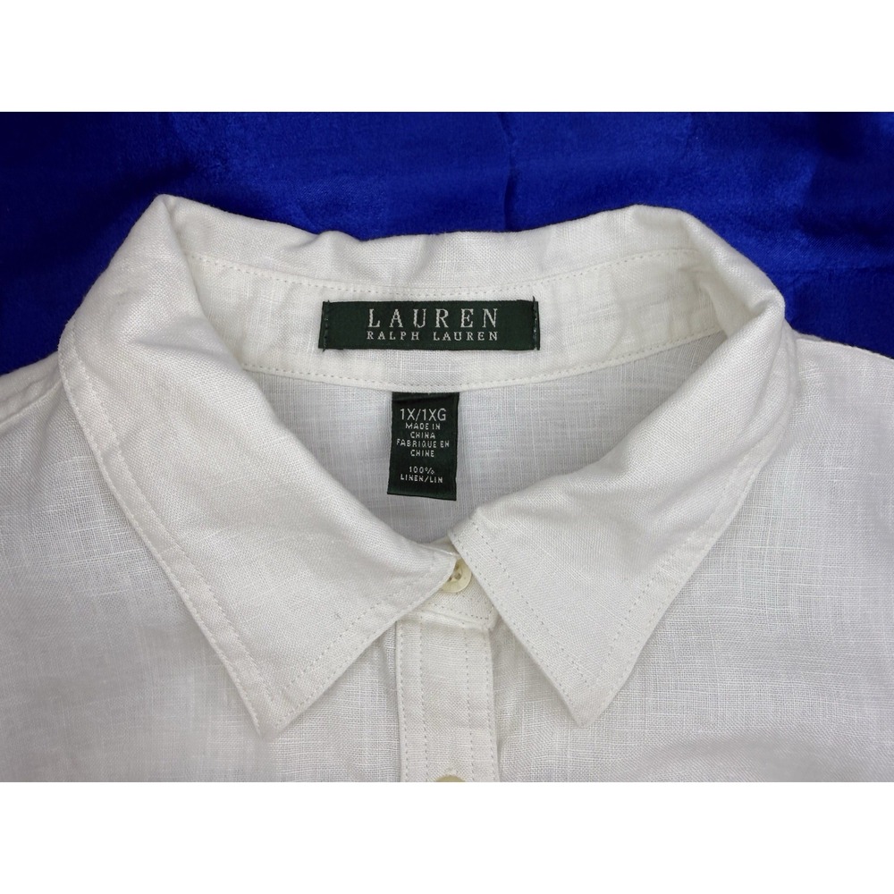 Lauren Ralph Lauren Women's 1X / XL White Linen Long Roll Sleeve Button-Up Shirt - Picture 3 of 7